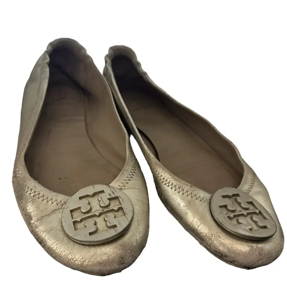 Tory Burch Flats Women’s Sz 9 M Minnie Travel Ballet Shoes Gold leather‎